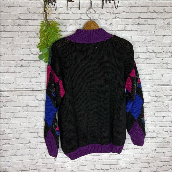 Vintage Bright Dopamine Dressing Floral Argyle Knit Sweater - Picture 5 of 5